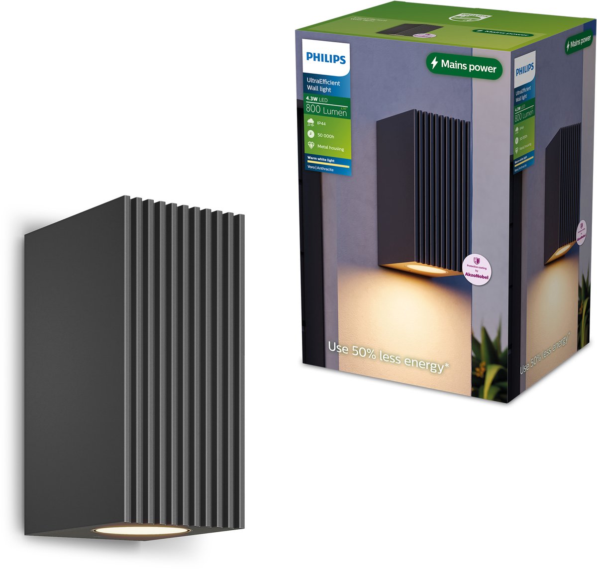 Philips Voro UltraEfficient Wandlamp - Buitenlamp - Warmwit licht: 2700K - Weerbestendig: IP44 - Antraciet - 4.3W - Rechthoekig