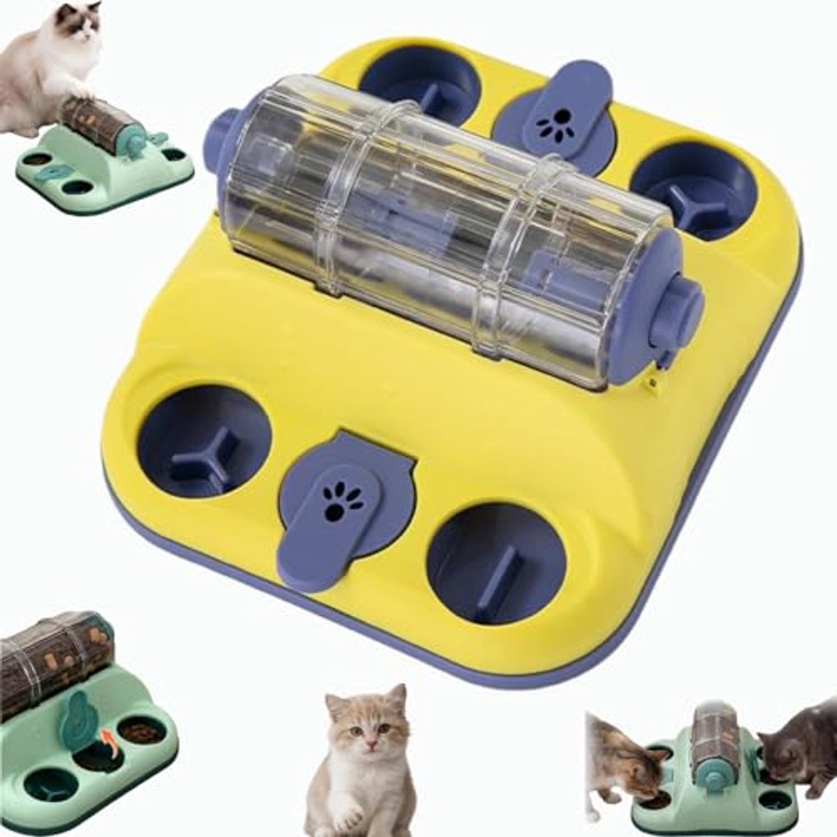 ZVD Interactieve snoepautomaat voor huisdieren - Voerbak voor katten - Trommelvoederbak - puzzel-eetbak voor honden en katten, stevig verrijkingsaccessoire - 1 stuk(geel)