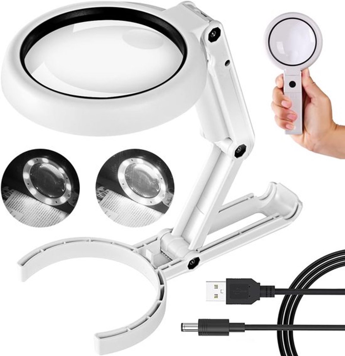 Deze vergrootglas is voorzien van een lampje en standaard, een grote lens van 75 mm, een lichtgewicht inklapbare arm en een LED-lampje met regelbare helderheid, waardoor hij geschikt is voor oudere lezers.