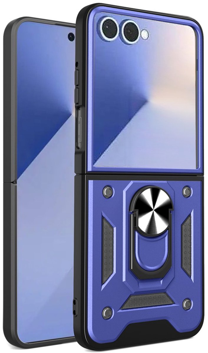 MobyDefend Hoesje - Geschikt voor Samsung Galaxy Z Flip 8 - Pantsercase Met Draaibare Ring - Blauw
