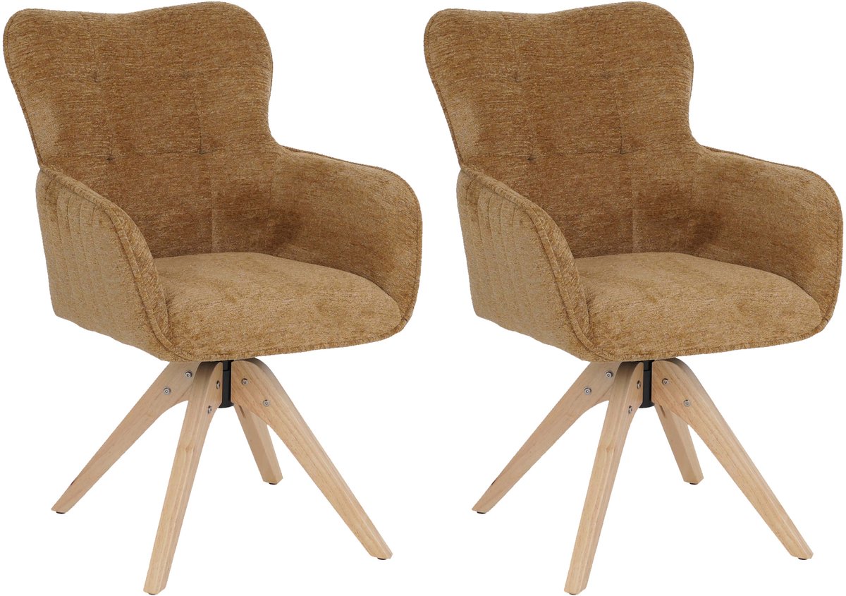 MCW Set van 2 eetkamerstoelen MCW-Q35, keukenstoel met draaibare armleuningen, chenille-stof (680 g/m²) hout MVG ~ mosterdgeel