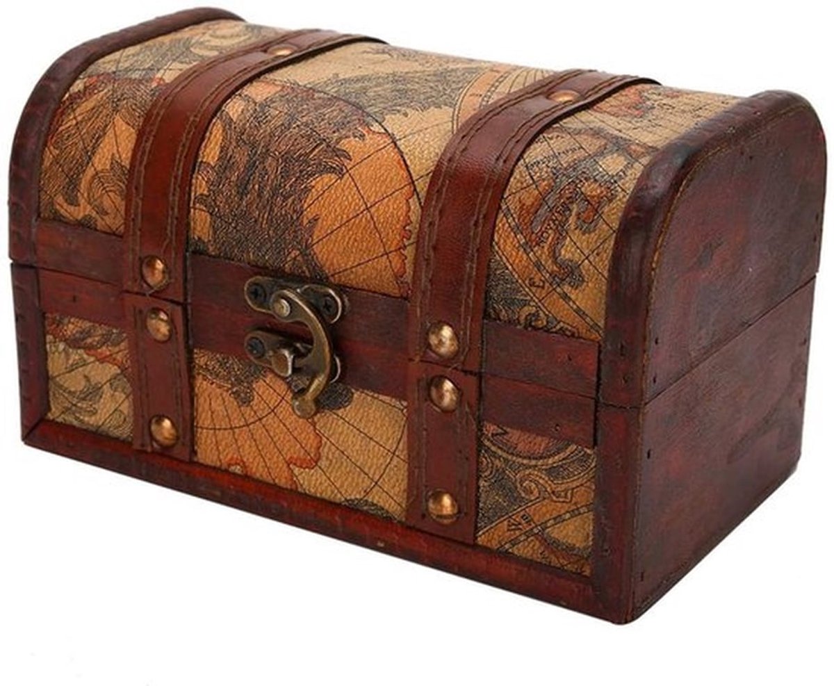 Schatkist Hout - Vintage Decoratieve Sieradendoos - Antieke Opbergdoos - Piratenkist - Organiseren van Schattenjacht - Externe Afmetingen 18 x 10 x 10,5 cm