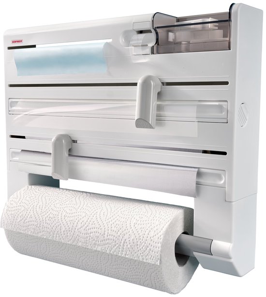 Porte-rouleaux de cuisine blanc avec rouleau de cuisine dedans et distributeurs gris.
