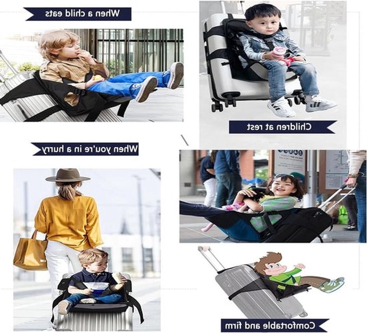 Draagbare reisstoel voor peuters, opvouwbare bagagekoffer met zitfunctie, handbagage voor kinderen, zwart