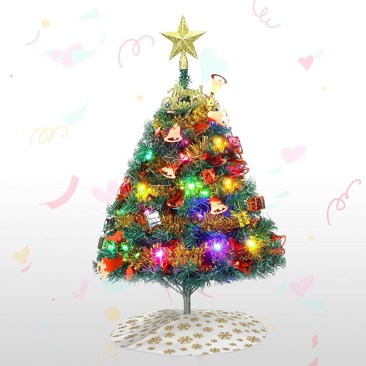 Tafelblad Kunstkerstboom - Groen - 60 cm - Met Ornamenten en LED-Stringverlichting - Voor Kamer en Kantoor