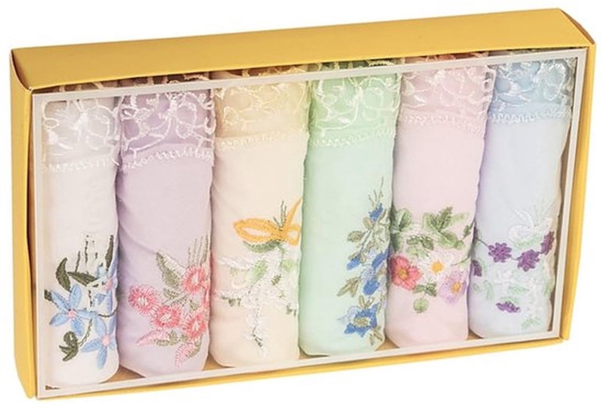 Set van 6 Biologische Katoenen Zakdoeken met Bloemen en Kant