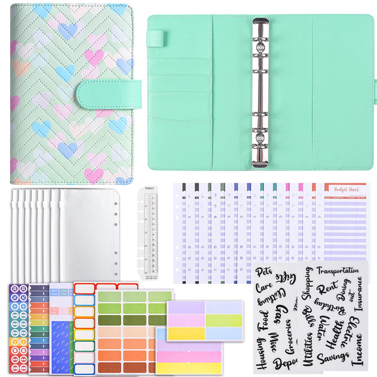 Planner set - pastelkleurig PU-leder - voor budgetplanning en notities - dagboek en huishoudboekje - multifunctioneel notitieboek - voor journaling-liefhebbers - groen - A6 - 1 set