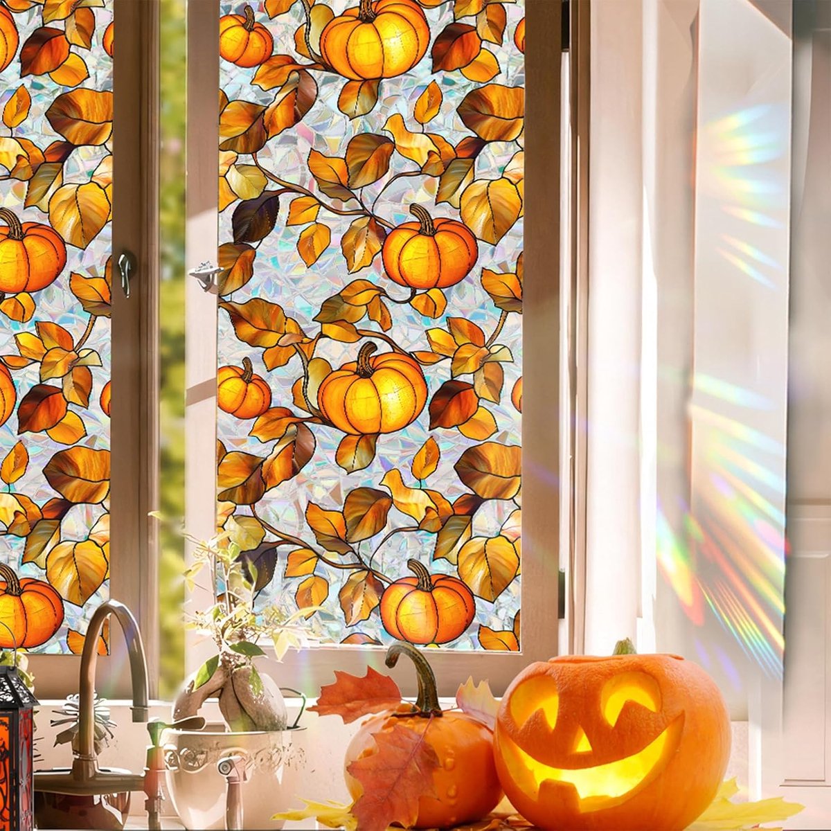 Daity 1 stuks - Raamstickers - glas-in-lood raamfolie - Halloween raamstickers - geschikt voor binnen- en buitendecoraties voor Thanksgiving - herfst - thuiskantoor 100X43cm (multicolor)