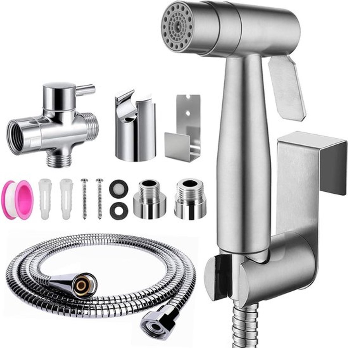 Premium bidet-handdoucheset met dubbele functie, roestvrijstalen afwerking, inclusief T-klep en adapter voor badkamer, hygiëne en toiletgebruik