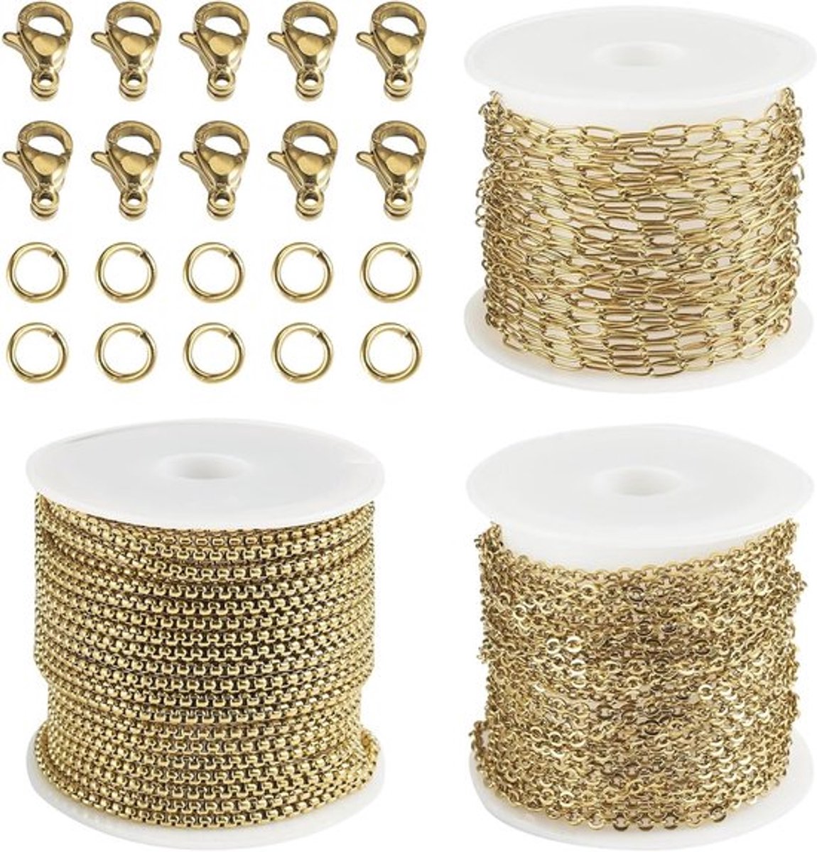 3 Rollen Rvs Paperclip Kettingen met Gouden Verbindingen en Klemmen voor Sieraden Maken, Ongeweld en Duurzaam