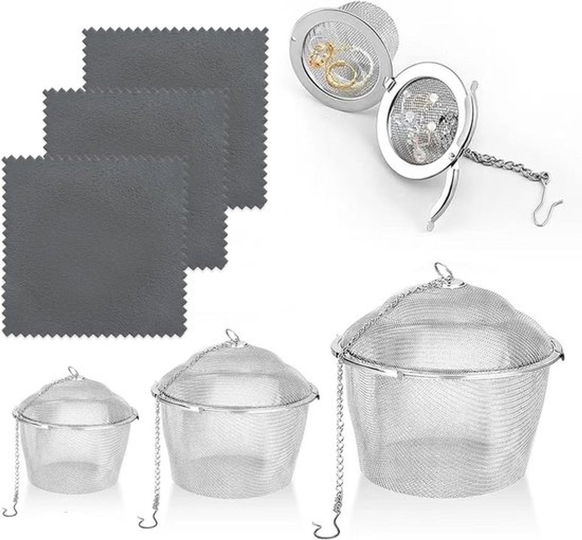 Ultrasone Reinigingsmandjes [3 stuks pakket] - Hoogwaardig Roestvrij Staal - Universele Houder voor Schoonmaak Accessoires - Gaas Bal met Deksel