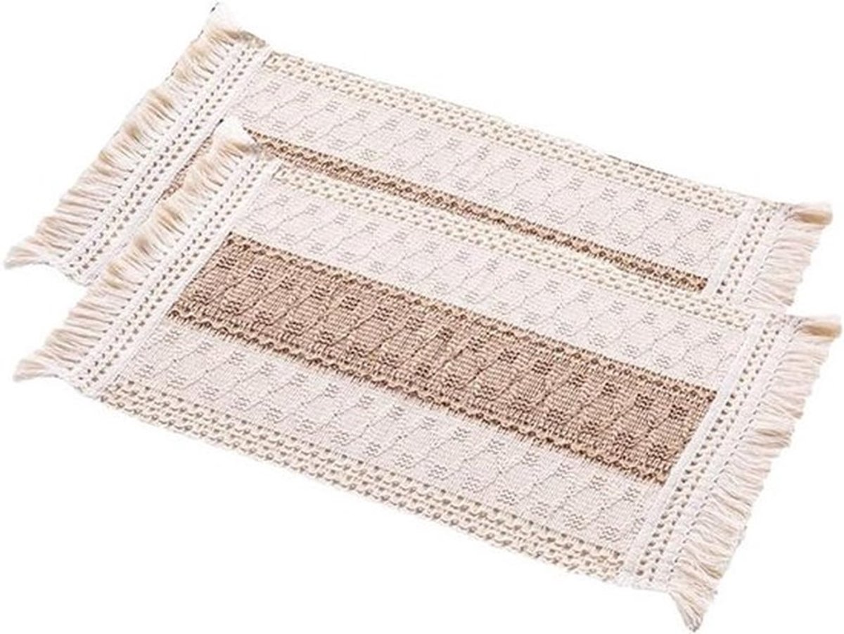 - Katoenen en linnen geweven placemats met kwasten - Tafelset - Boho - Afwasbaar - Rustiek - Tafeldecoratie voor thuis, keuken, restaurant, hotel - Geschikt voor bruiloftsdecoratie - 2 stuks - Beige.