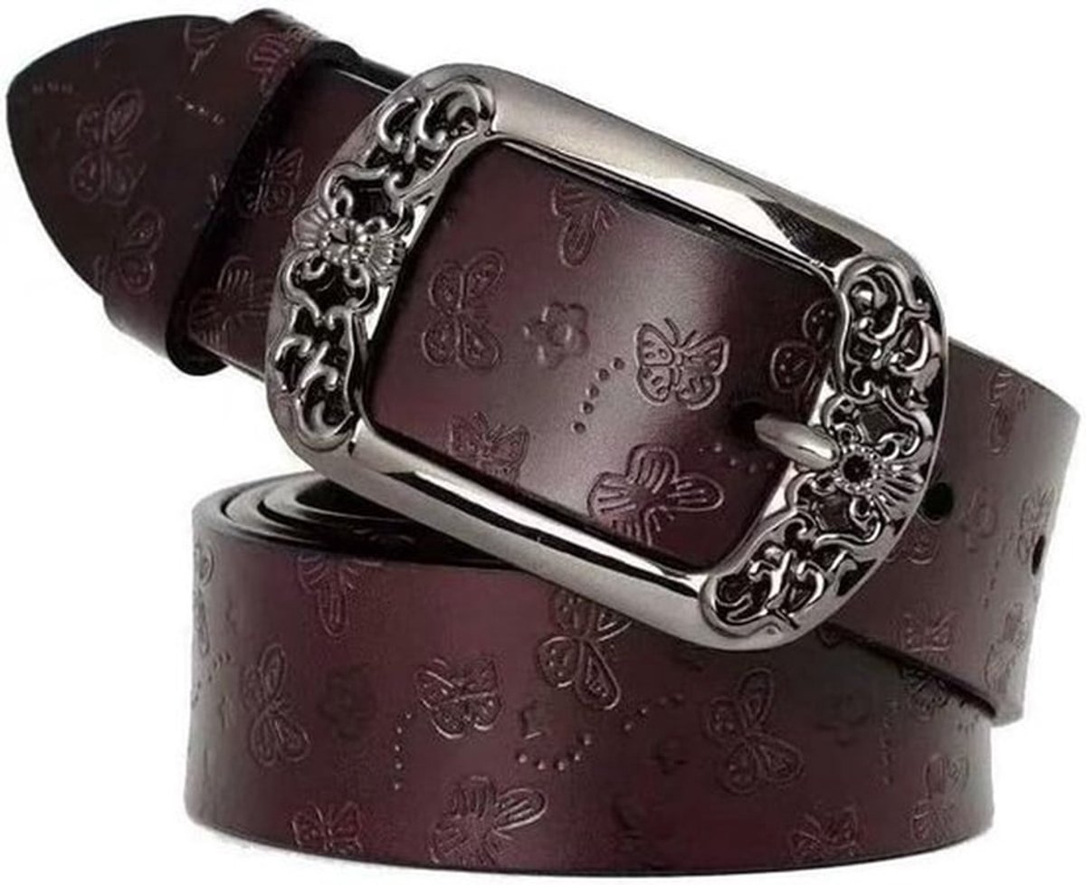 Retro dames riem - Vintage stijl - Tailleband voor jeans en jurken - PU leren riem - Koffie kleur - Gesp met reliëf - Geschikt voor vrouwen - 105 x 2.8 cm