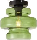 Groene glazen plafondlamp met een zwart montageblokje en een zichtbare lichtbron.