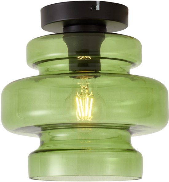 Groene glazen plafondlamp met een zwart montageblokje en een zichtbare lichtbron.