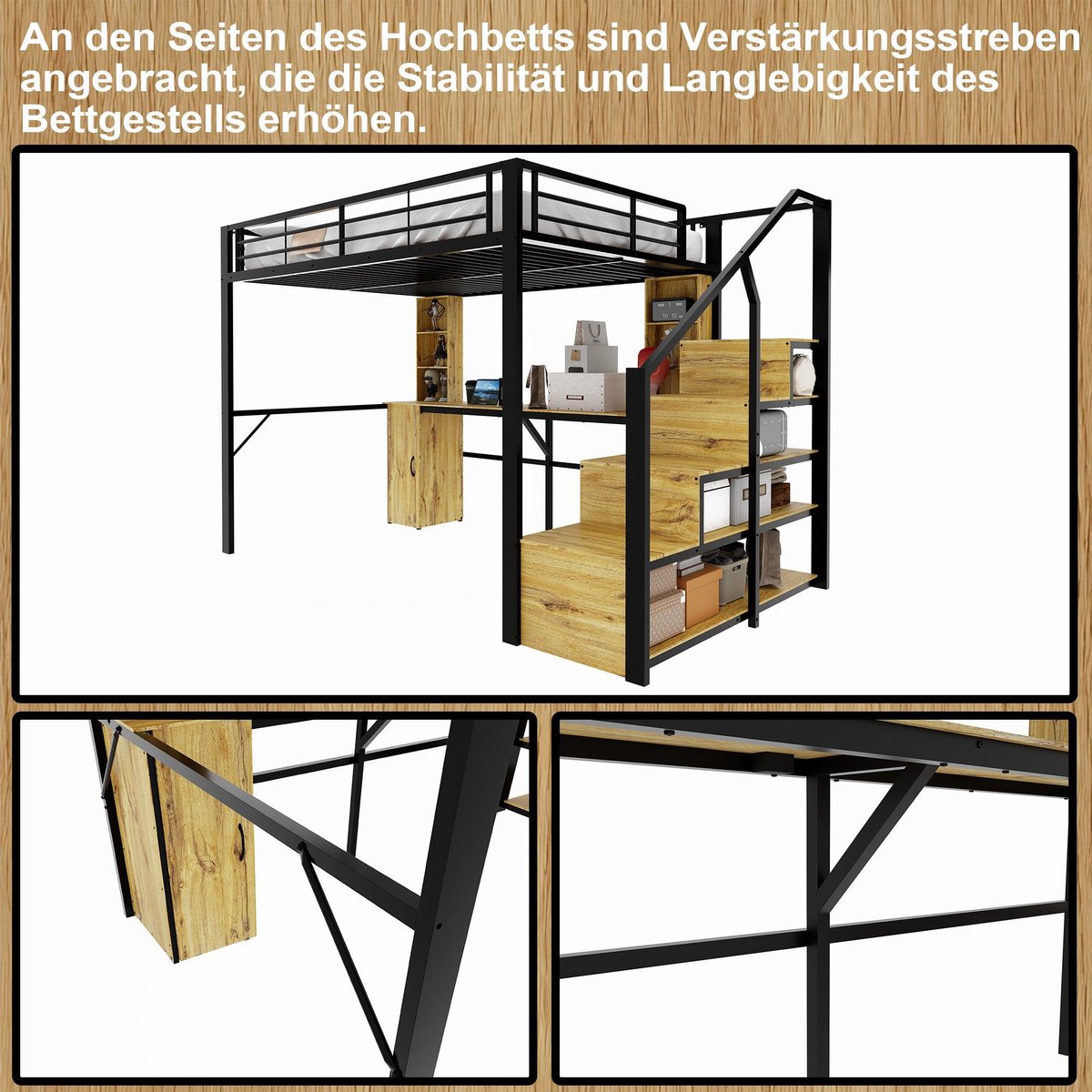 Merax Metalen Hoogslaper 140 x 200 cm - Met Bureau - Kast - Opbergtrap - Opbergvakken - USB-Aansluiting - Zwart