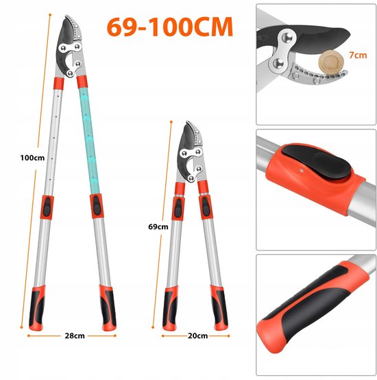 Telescopische Takkenschaar - Snoeischaar voor Takken - SK-5 Stalen Mes - Verstelbaar van 69-100 cm - Vierpunts Hefboommechanisme - Antislip Handgrepen - Voor Snoeien, Takken Verwijderen en Tuinwerk — afbeelding 3