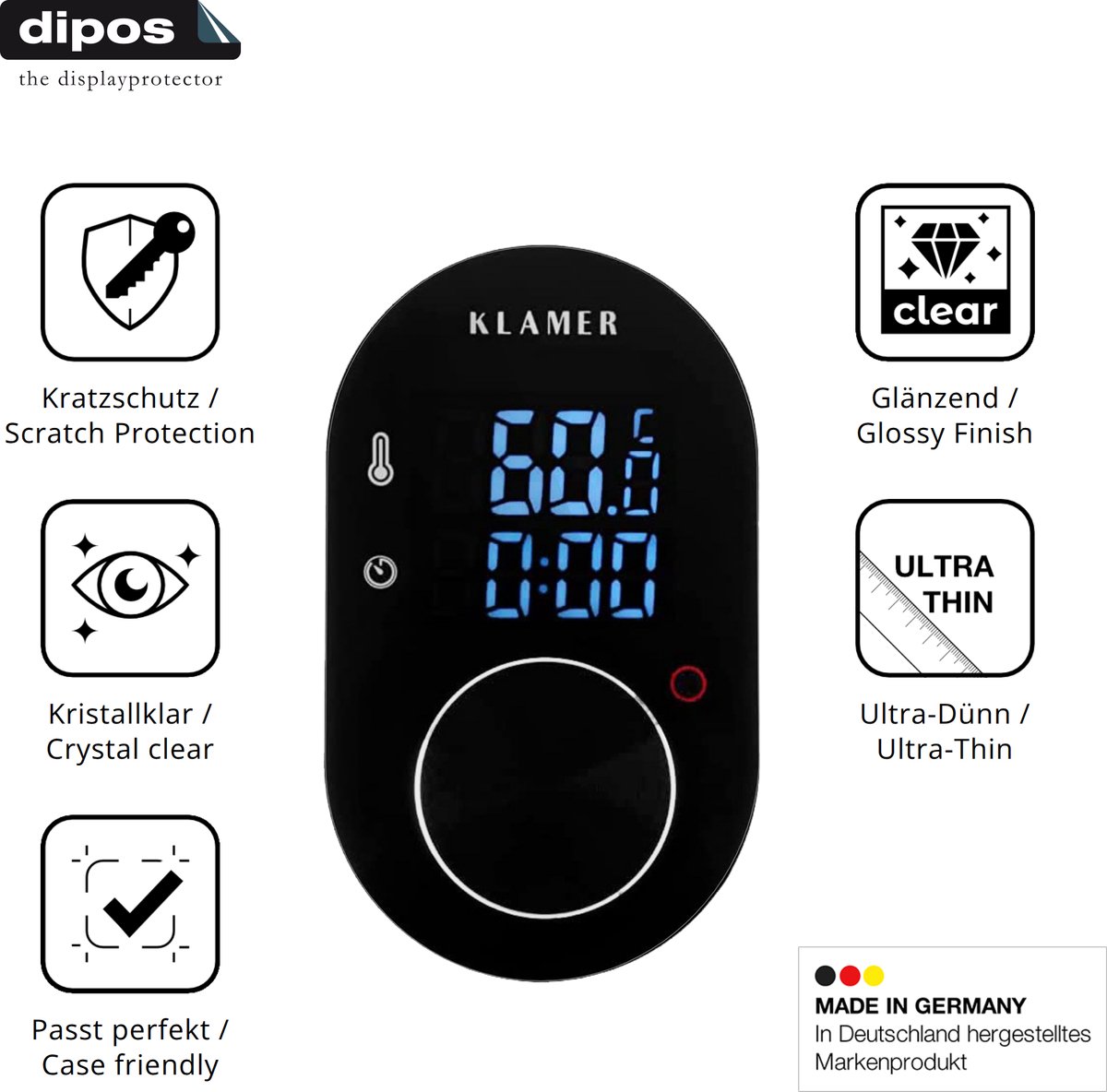 dipos – 4x Beschermfolie geschikt voor Klamer Sous Vide Stick | Krasbestendige & heldere Screenprotector Ultra-Thin