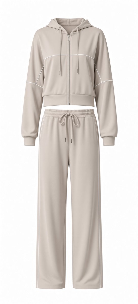 Wide leg huispak dames - Cropped hoodie - Beige - Maat 38/40