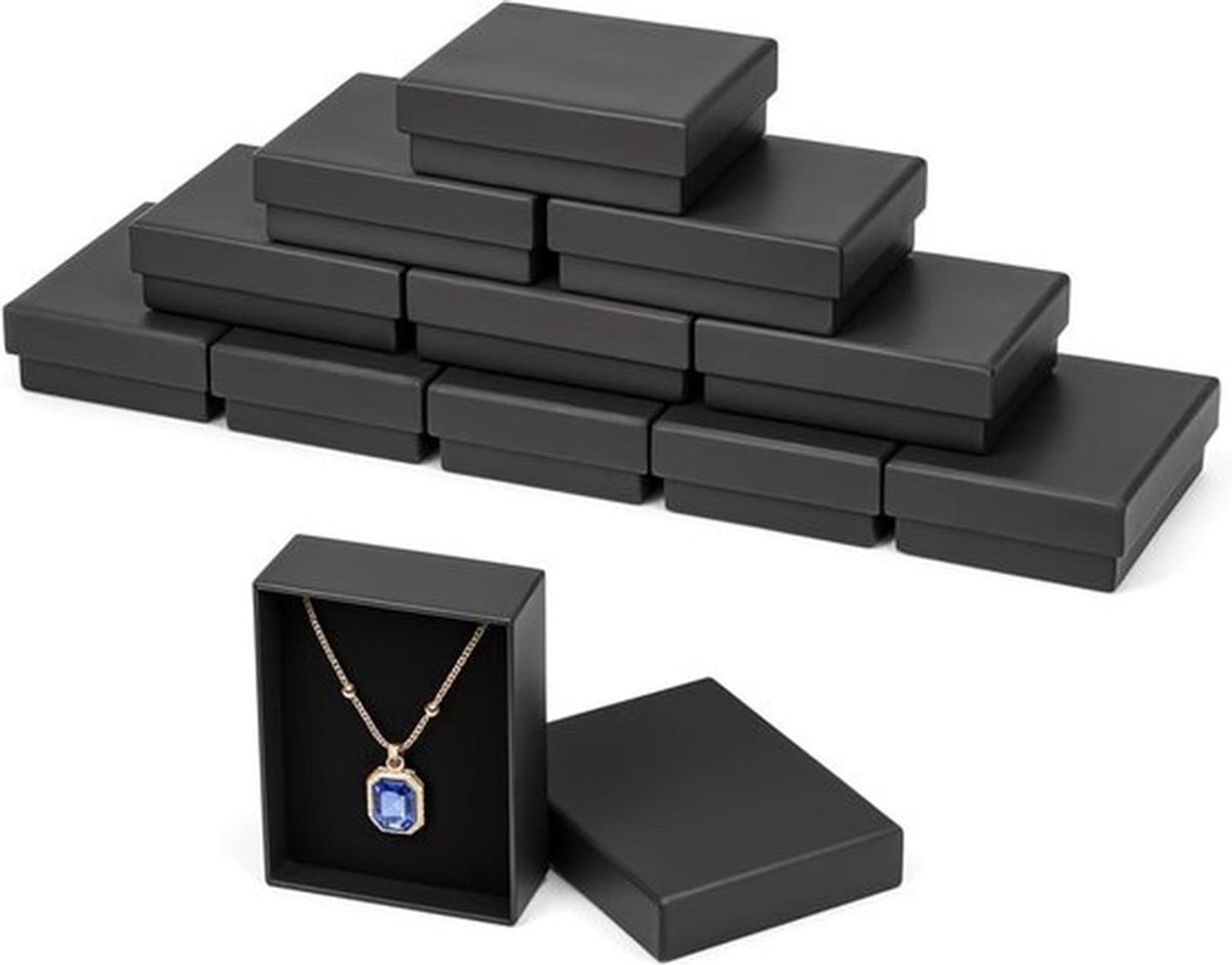- Kartonnen Sieraden Display Geschenkdozen - Verpakking Set - Zwart - Met Schuim Inleg - Oorbellen, Kettingen, Armbanden en Ringen - Geschikt voor Meerdere Sieraden - Mat Karton - 12 Stuks - 9 x 7 x 3 cm