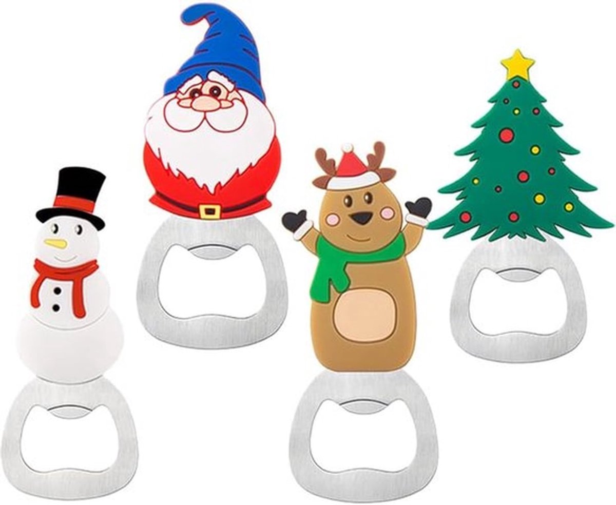 4 stuks flesopener - Kerstman - Sneeuwman - Eland - Kerstboom - Blikopener - Handbediende bierdopverwijderaar - Kerstmis - Nieuwjaar - Babyshower-bedankjes