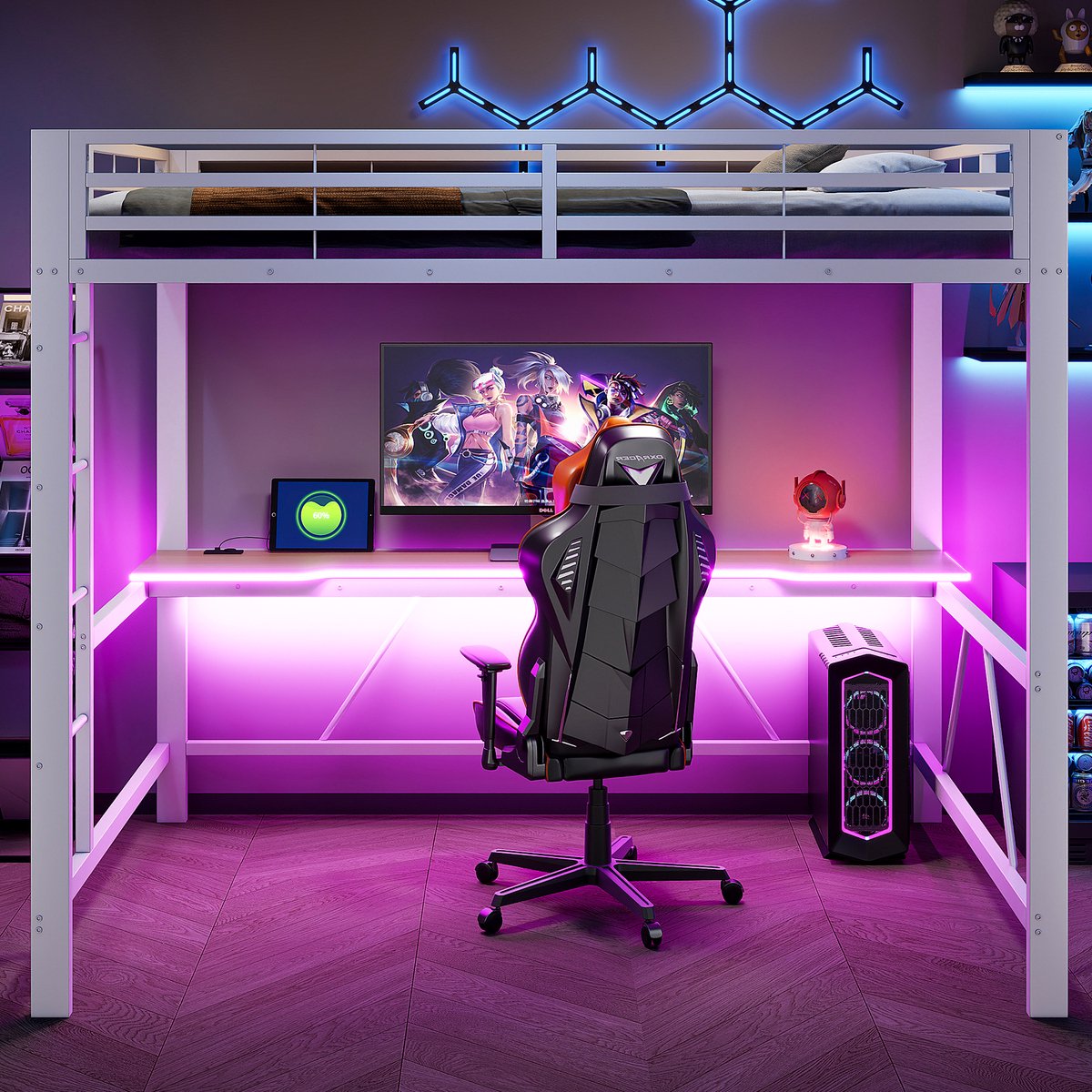 COVREO Hoogslaper 140x200 cm wit, met bureau en LED verlichting