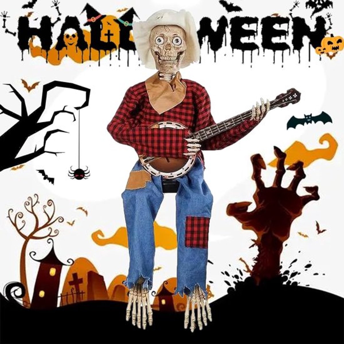 Cowboy Banjo-skelet - Halloween-decoratie - Griezelig Banjo-skelet - Skelet voor Halloween-feesten - Spookhuizen - 15,7 x 3,9 x 1,8 inch (Rood)