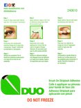 Instructies voor DUO wimperlijm. Stap 1: Lijmband aanpassen. Stap 2: Dunne lijmlaag aanbrengen. Stap 3: Lijmband aandrukken.