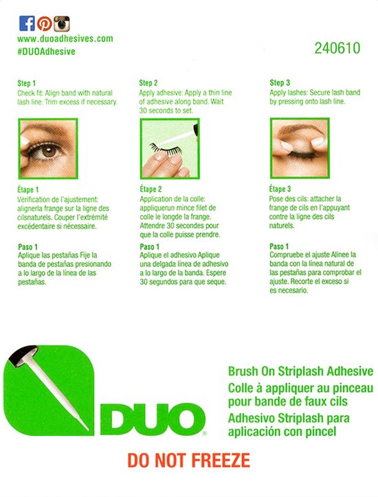 Instructies voor DUO wimperlijm. Stap 1: Lijmband aanpassen. Stap 2: Dunne lijmlaag aanbrengen. Stap 3: Lijmband aandrukken.