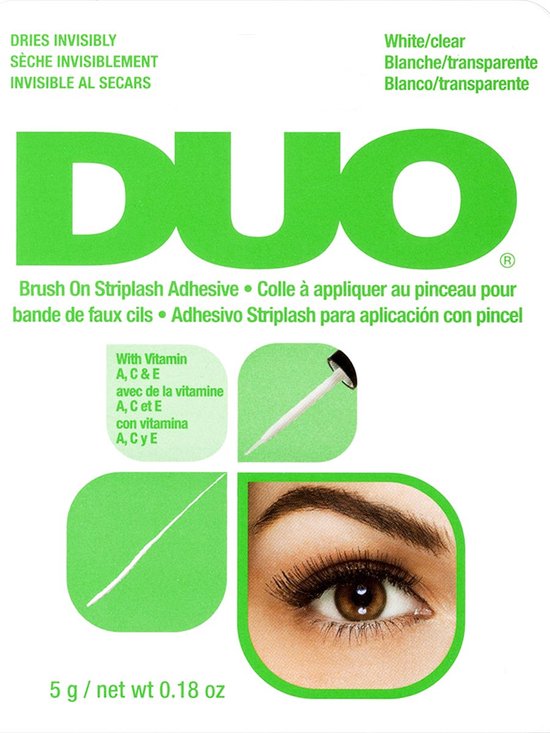 DUO Brush-On Striplash Adhesive, helder/transparant. Met applicator en illustratie van een oog met nepwimpers.