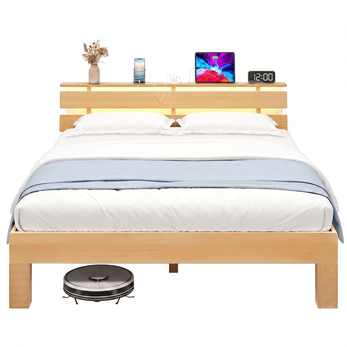 Bedframe – Met LED-verlichting – Met USB-aansluiting – Naturel – 140 x 200 cm