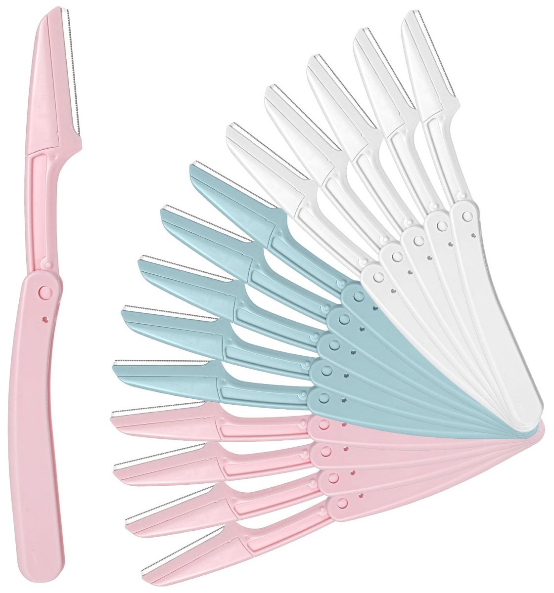 carmdering -Gezichtsmesjes voor Vrouwen 15 Stuks - Wenkbrauwmesjes en Gezichtsrasers voor Dames - Voor Gezichtshaar en Wenkbrauwen - Precisie Trimmer met Veiligheidskapje - Compact en Opvouwbaar - Groen, Wit en Roze