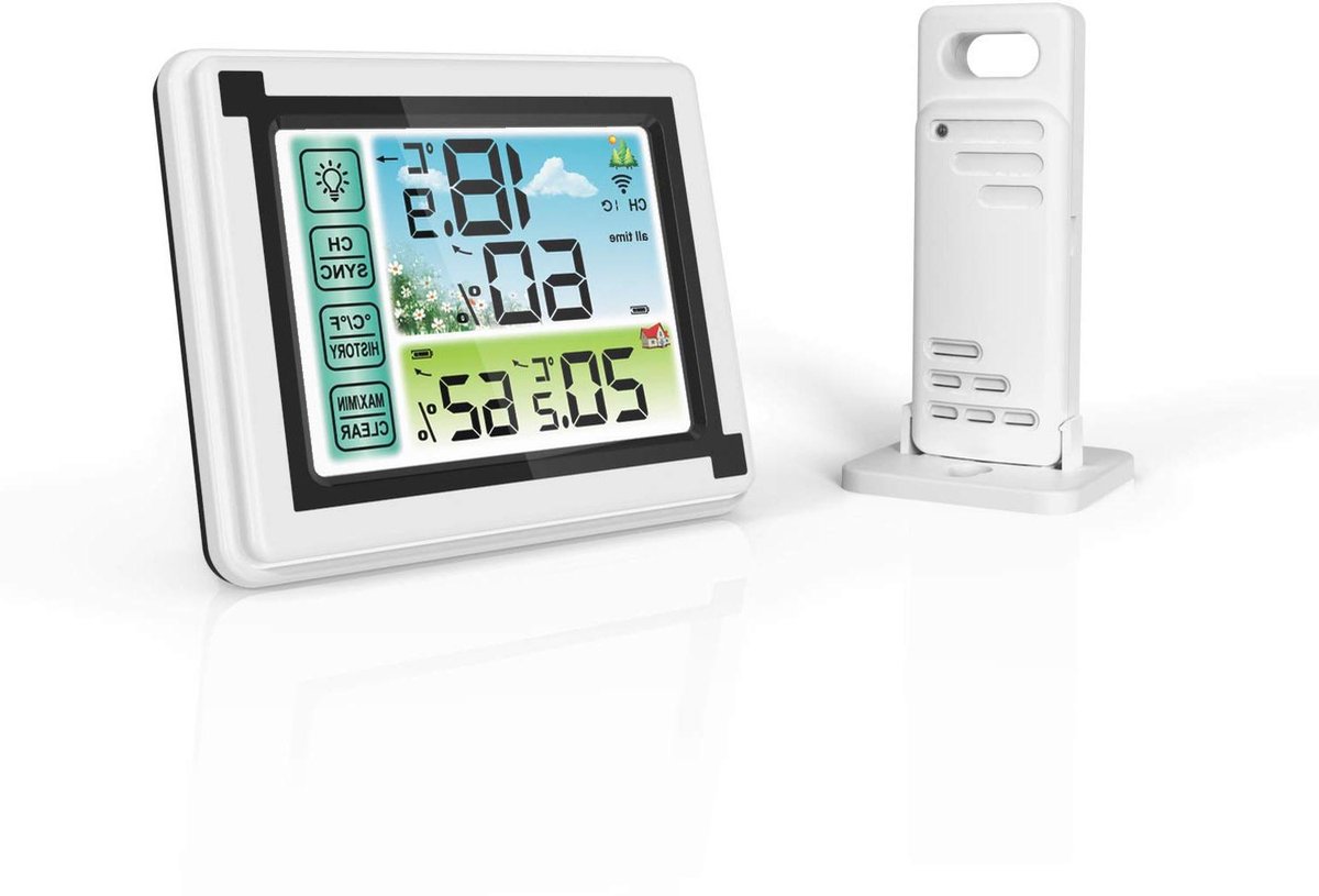 Draadloos Weerstation - Digitale Thermometer Hygrometer - Binnen en Buiten Meten - Groot HD Kleuren LCD Scherm - 60M Bereik