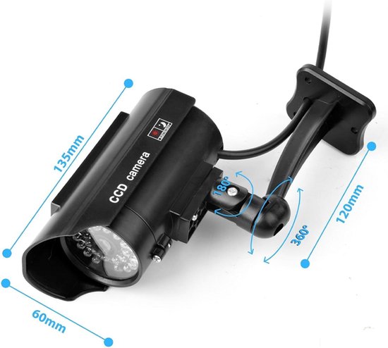 Simulatiecamera op zonne-energie - Schrikt criminelen af ​​- Simulatiecamera - Met knipperende LED-indicator - Beveiliging - Waterdicht - 360° draaibaar - Werkt op zonne-energie - Inclusief sticker en montageschroeven - 135*60*120 cm - Zwart — afbeelding 5
