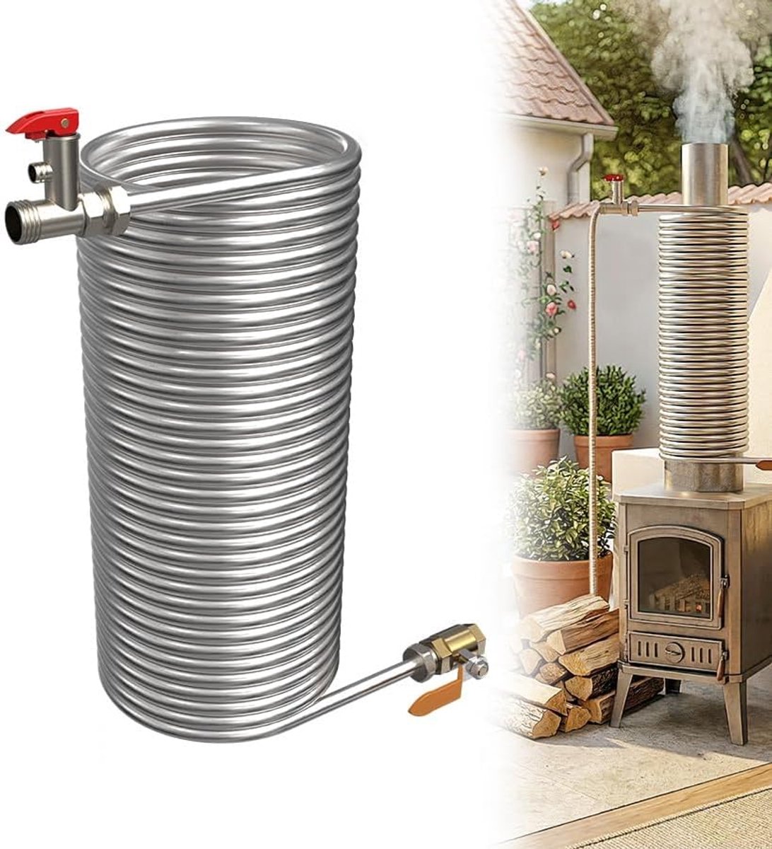 AUFUN RVS Warmtewisselaar - Binnendiameter 12.5 cm - 1/2 Inch Aansluiting Verwarmingsslang Voor Open Haard En Ketel - Zwembadverwarming, Levensmiddelenveilig, Energiebesparend