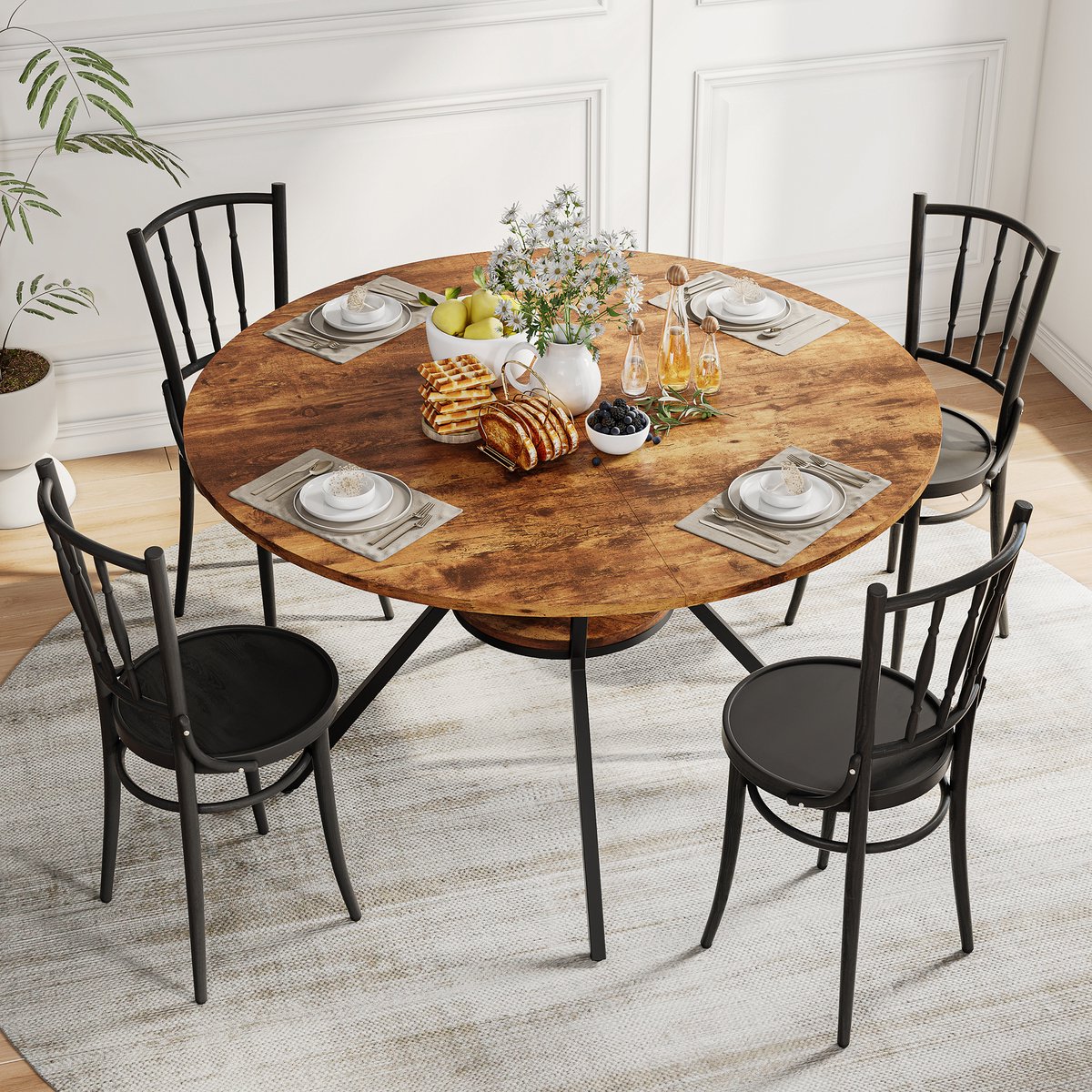 Ronde Eettafel 120 cm Industrieel met Tussenplank en Metalen Frame