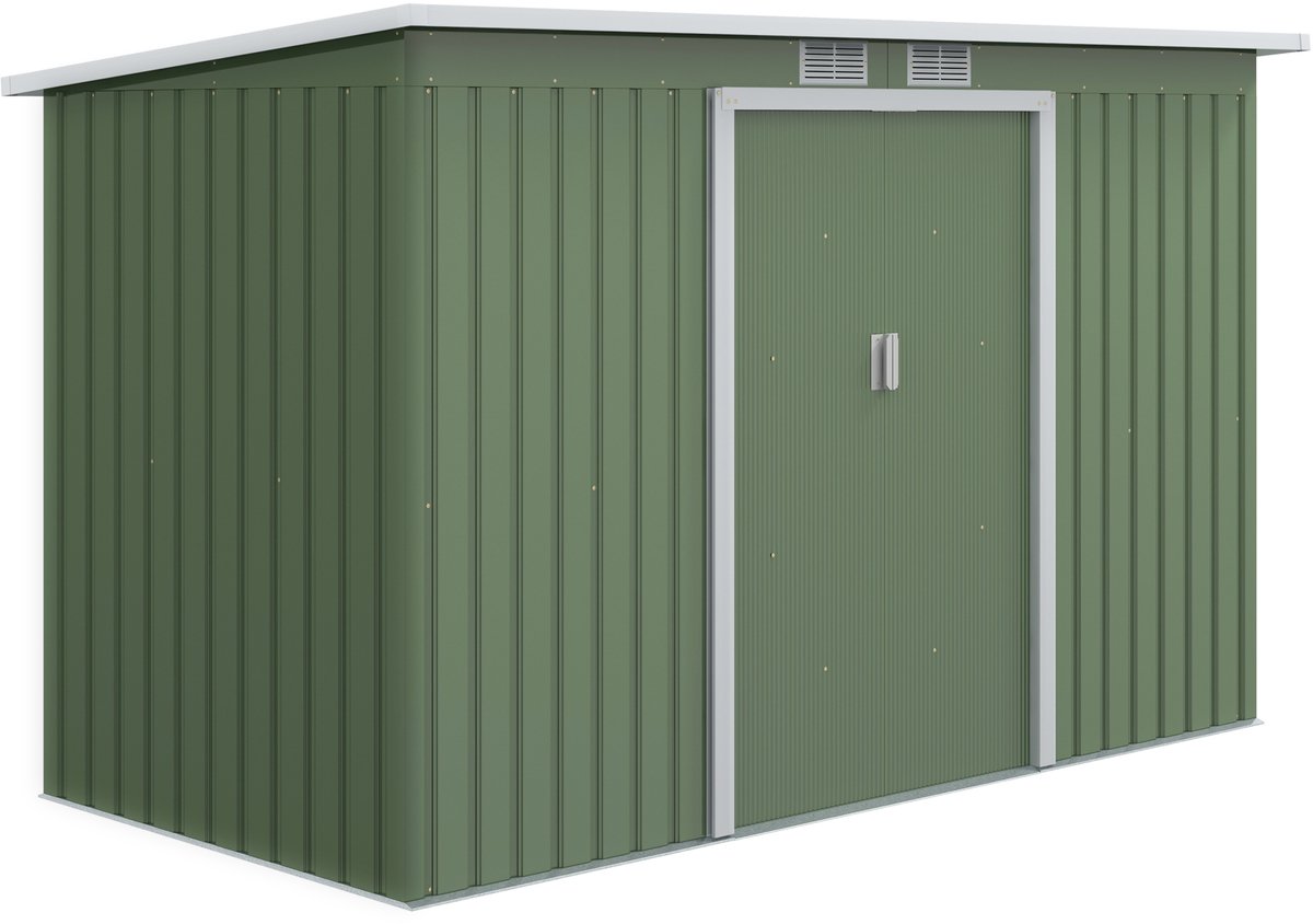 Metalen Tuinhuis 280x130x172 cm – Tuinschuur van Staal met Schuifdeur, Ventilatieraam en Lessenaarsdak – Buitenopslag – Lichtgroen