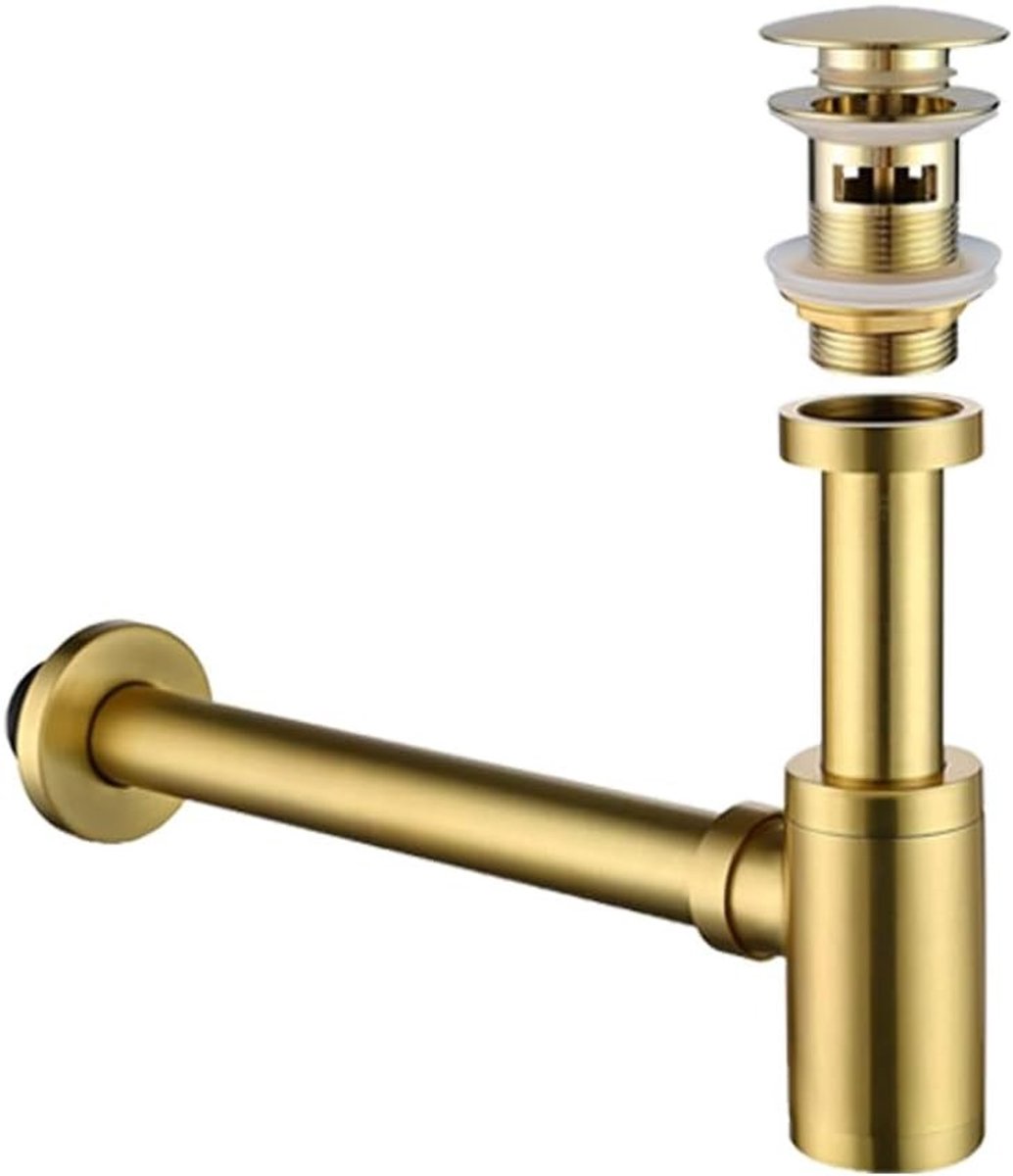 Complete Set van RVS P-Trap met Overloop voor Keuken en Badkamer - Inclusief Wasbak Stopper en Accessoires in Geborsteld Goud
