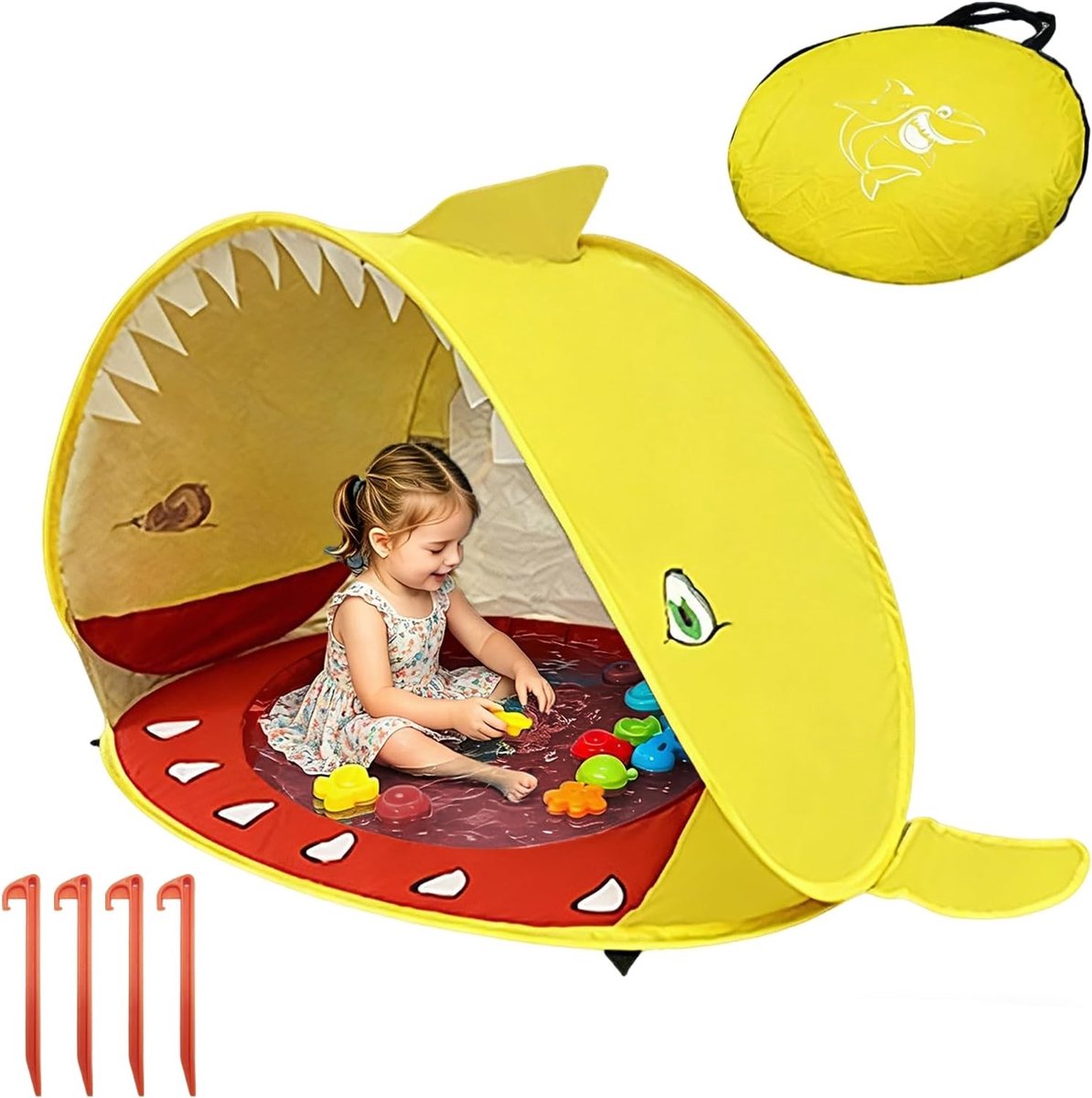 Pop-up strandtent met geïntegreerd zwembad in haaigeel, UPF 50+ UV-bescherming voor baby's en peuters, ideaal voor het strand en buitenactiviteiten