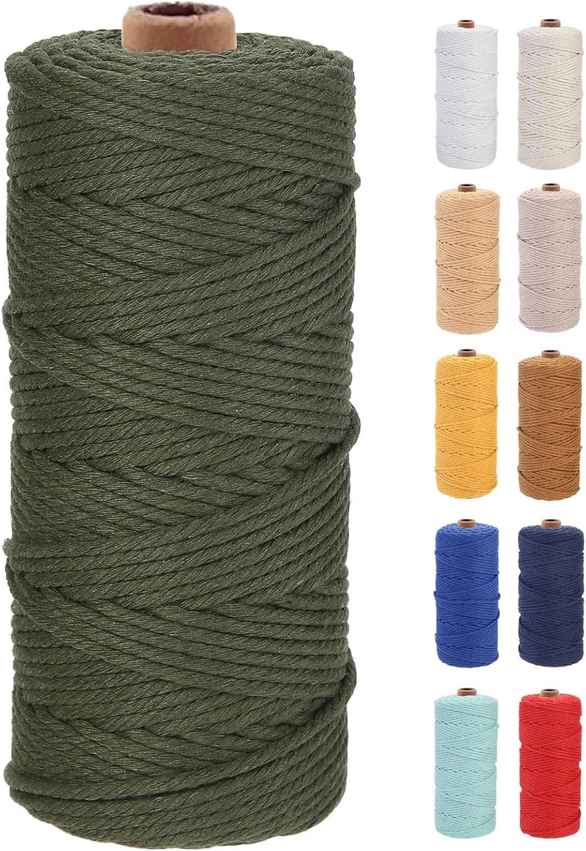 Katoenen Macramé Touw 3 mm x 100 m, Zacht en Sterk, Perfect voor Macramé Projecten en Knutselen, 4 Strengen Gedraaid, Hoogwaardige Kwaliteit