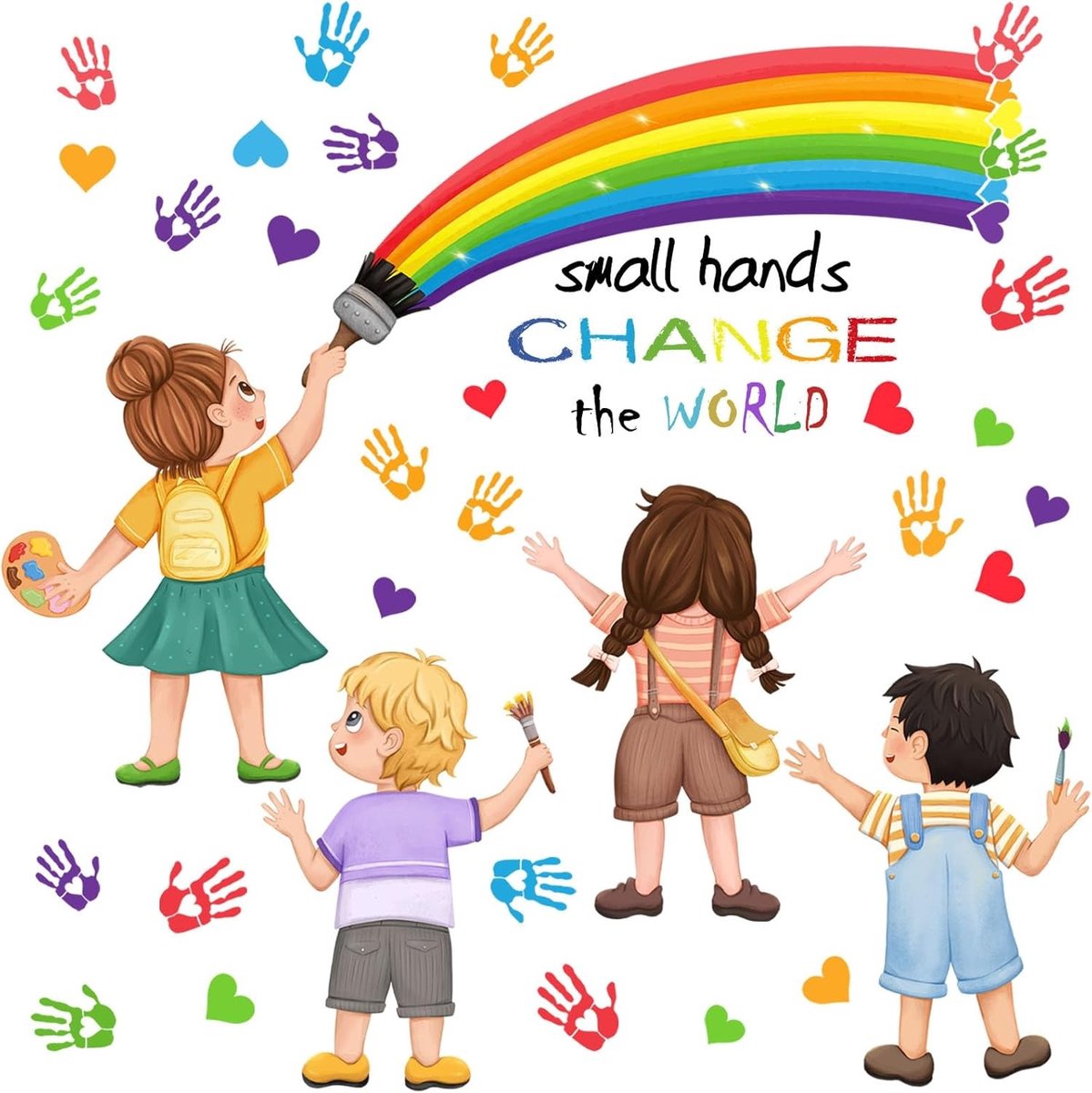 2 Stuks Kleine Handen Veranderen de Wereld Wandstickers voor Gelijkheid, Regenboog Decoratie voor Kinderkamer en Klaslokaal