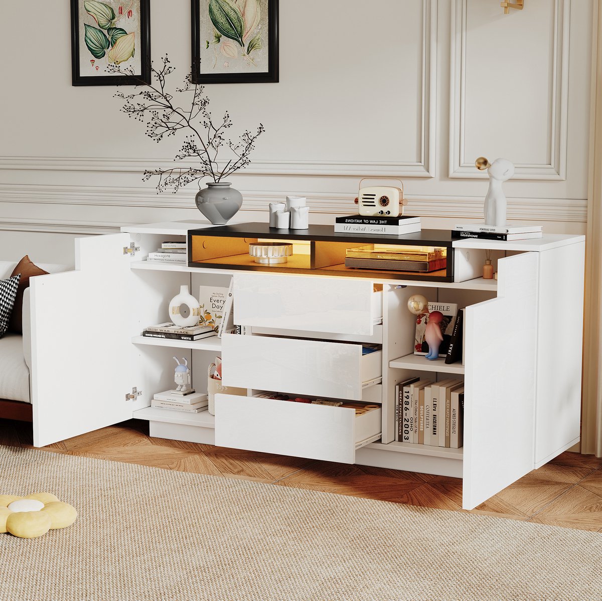 COVREO dressoir 140x40x68 cm - 2 deuren, 3 lades, verstelbare indeling, LED, wit zwart