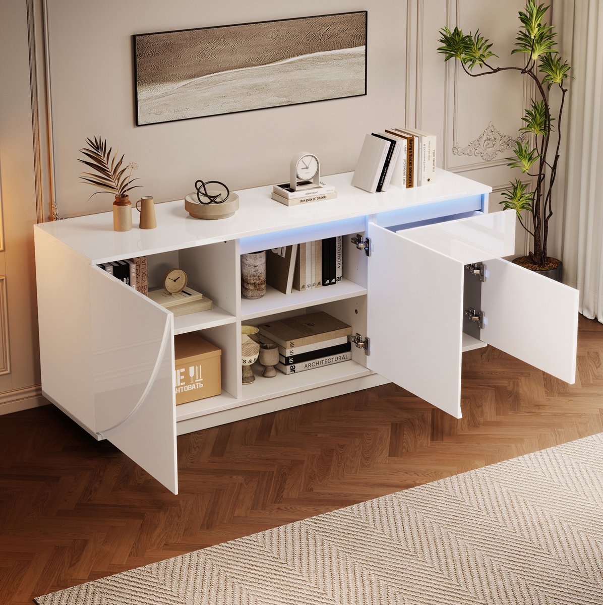 COVREO Dressoir 140x40x60 cm - 3 deuren, 1 lade, LED, verstelbare planken, wit