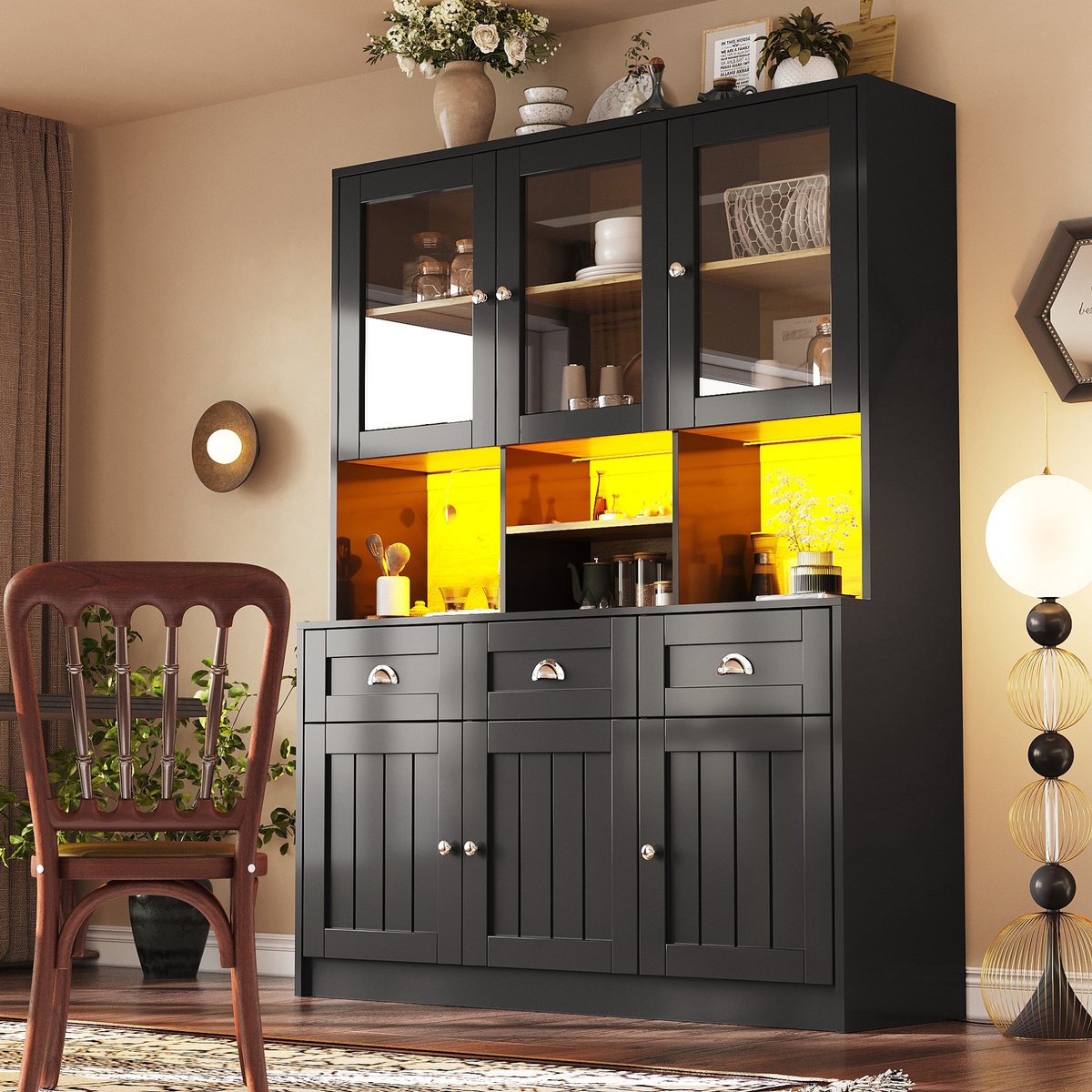 COVREO Keukenkast 140x40x175 cm - MDF buffetkast met LED, verstelbare planken en lades, zwart