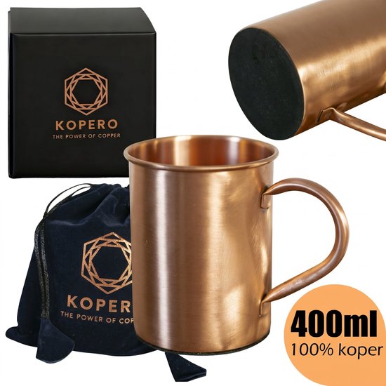 Kopero Premium Koperen Mok - 400ml - 100% Puur Koper - Met Fluwelen Draagzak - Met Filten Onderkant - Met Draaghendel - Handgemaakt - Koperen Fles - Koperen Beker - Koperen Drinkbeker - Ayurveda