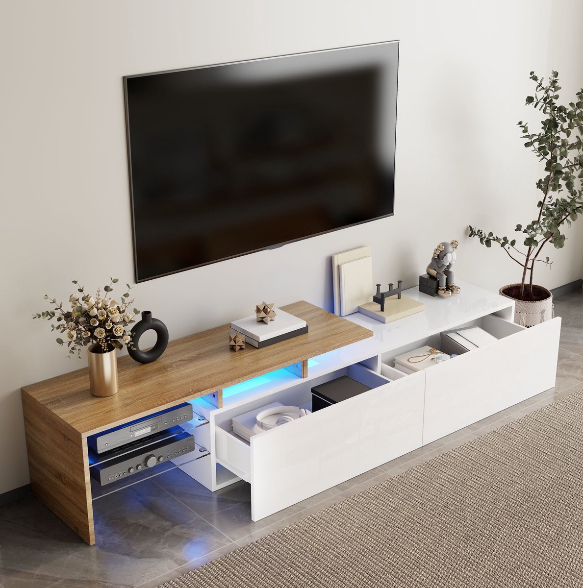 COVREO TV meubel 170 x 33 x 33,5 cm - hoogglans wit, houtlook, glasplanken, LED