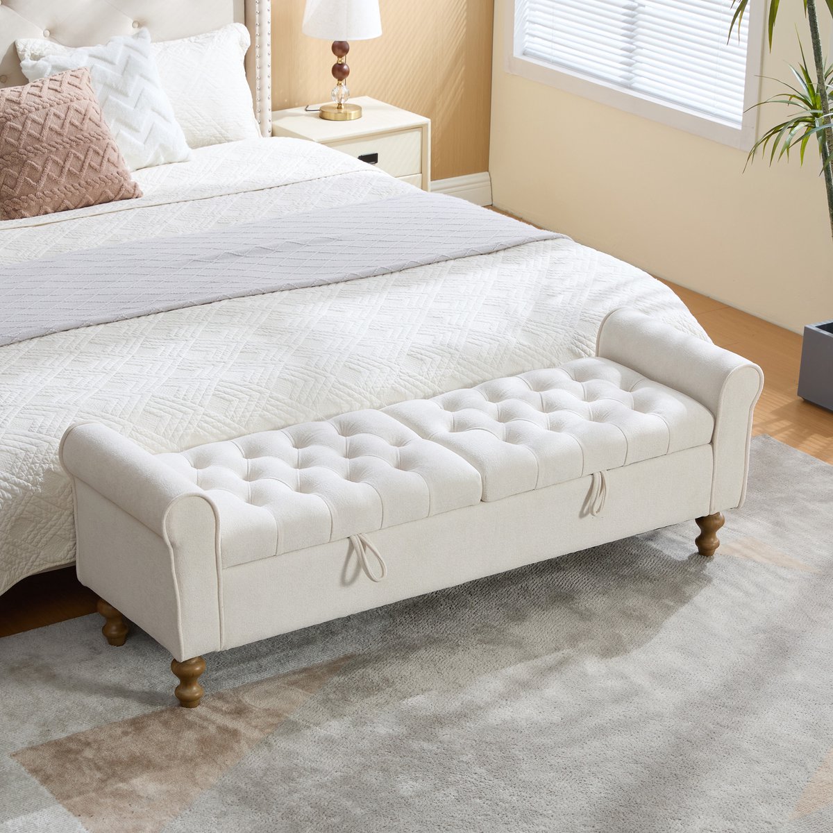 Moderne opbergbank - 156 cm - met 2 deksels, fluweel & houten poten - Beige