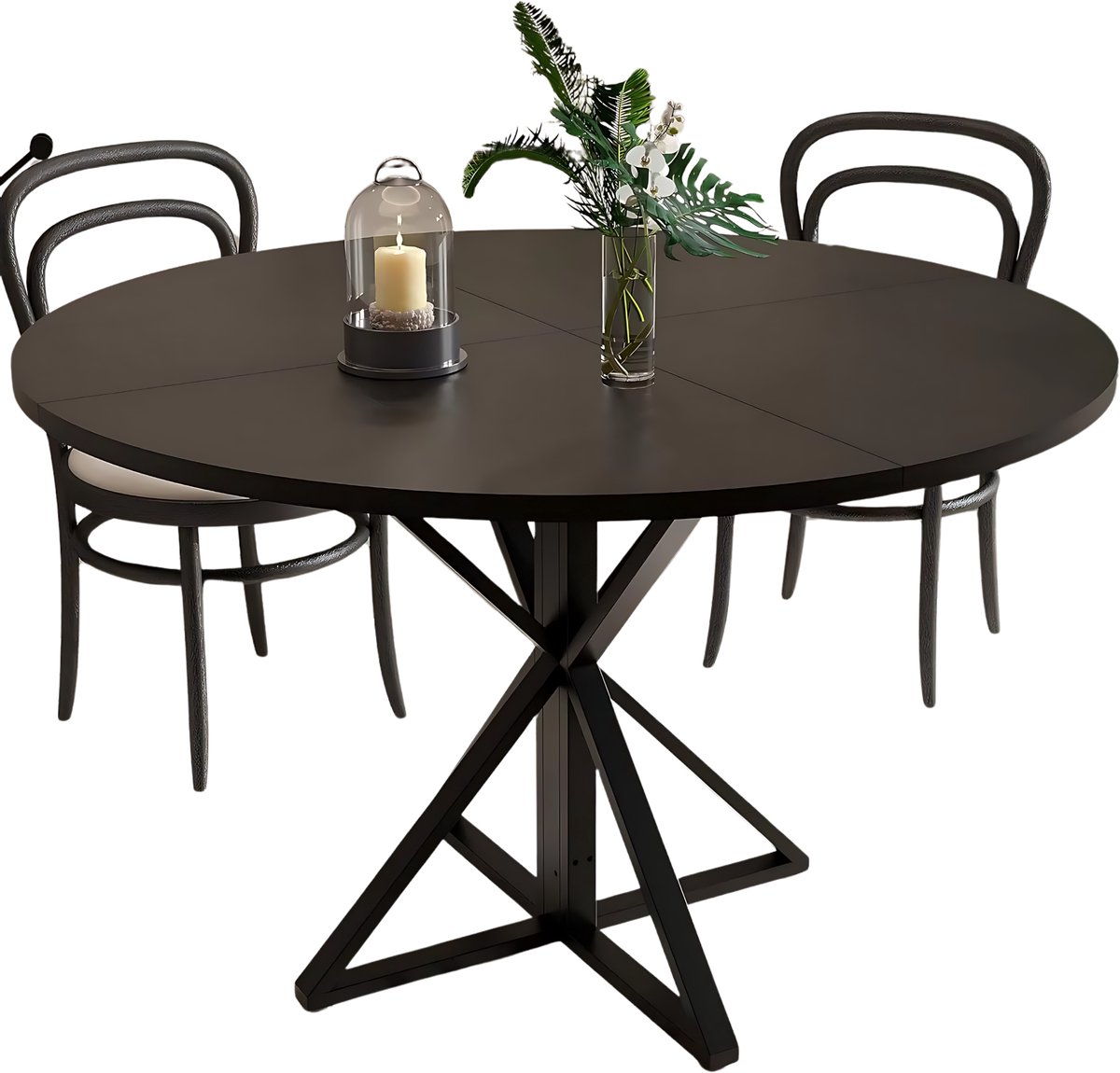 Ronde eettafel - Houten blad, stevig metalen voet, landelijke stijl - voor 4 personen eetkamer, keuken, woonkamer - 119 cm, zwart