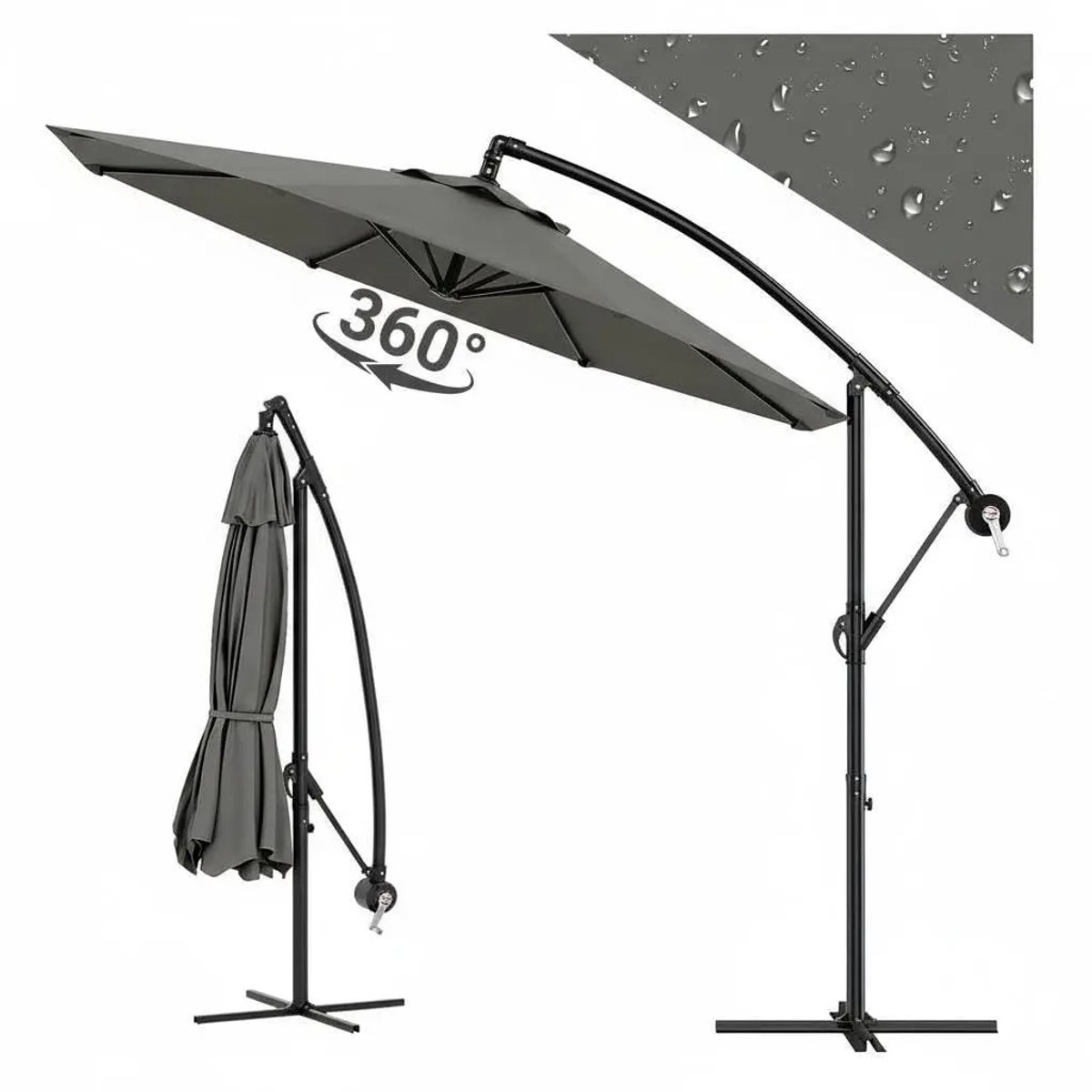 Archi Zweefparasol 300 cm – Zonnescherm - Handslinger en Kantelfunctie – UV-Bescherming – Inclusief Kruisvoet en Beschermhoes – Grijs