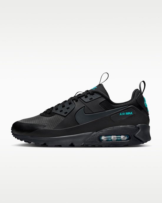 Zwarte Nike Air Max 90 Drift sneaker met turkooizen 'AIR MAX' tekst op de zijkant.